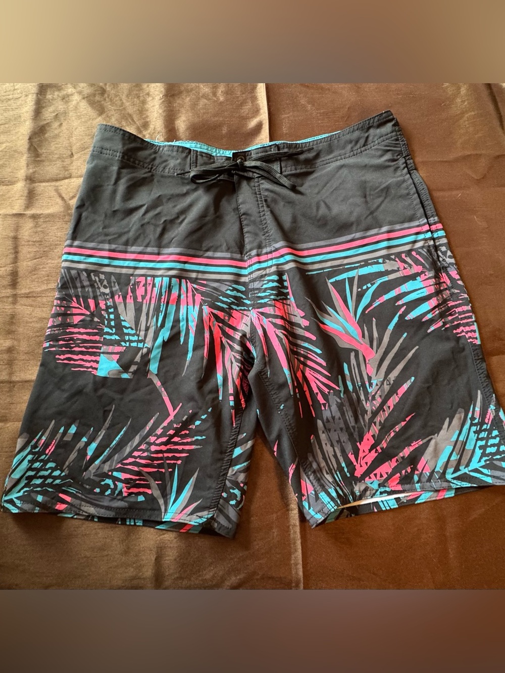 Men's Burnside Black Tropical Board/Swim Trunks with Pink & Teal Print